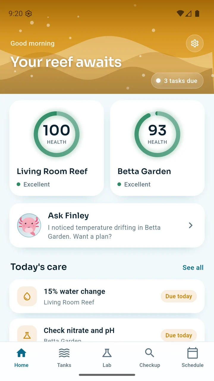 AI Aquarium Doctor dashboard showing tank health scores, Finley insights, and today's care tasks