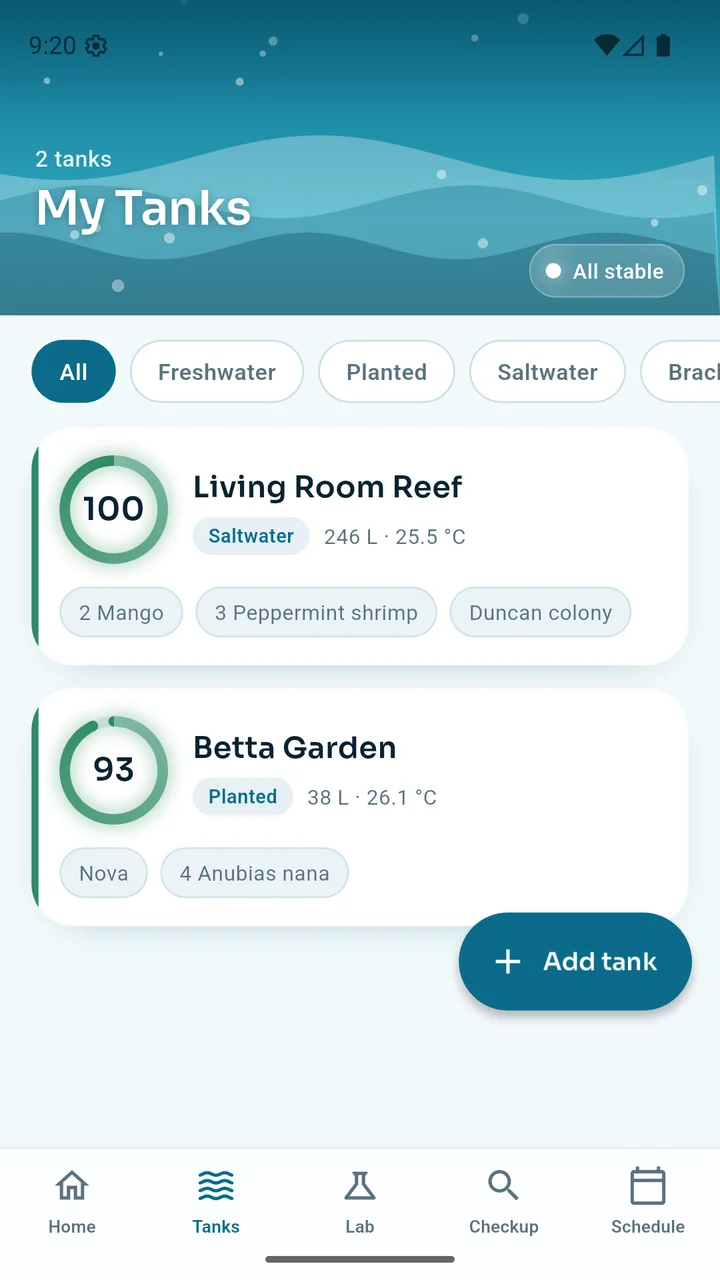 AI Aquarium Doctor tanks list screenshot
